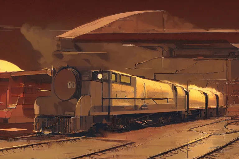 Image similar to idyllic old western train station illustration by syd mead artstation 4 k graphic novel concept art matte painting