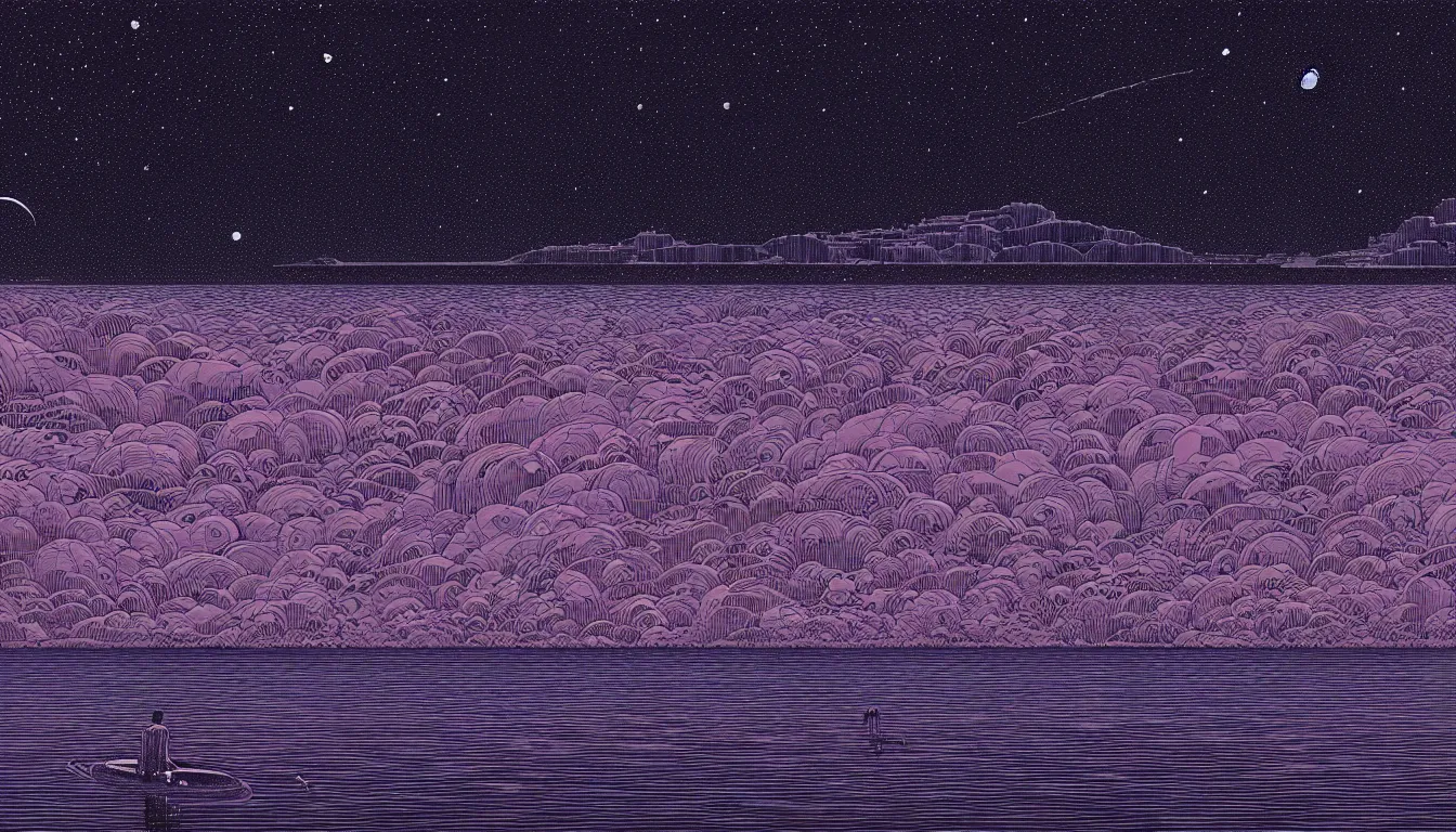 Image similar to lake with a reflection of the night sky by nicolas delort, moebius, victo ngai, josan gonzalez, kilian eng