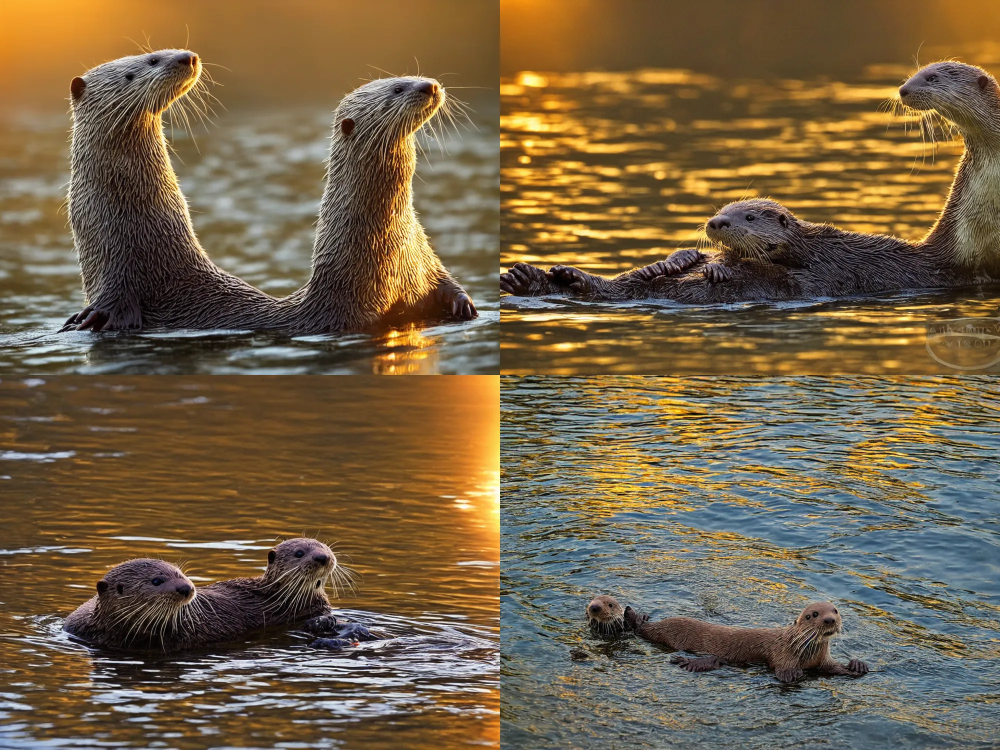 Prompt: happy young otter, nature photo, amazing composition, back lighting from a golden sunset