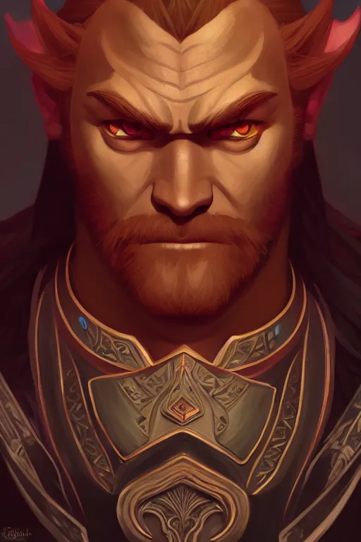 Image similar to a portrait of ganondorf from legend of zelda, fantasy, sharp focus, intricate, elegant, digital painting, artstation, matte, highly detailed, concept art, illustration, ambient lighting, art by ilya kuvshinov, artgerm, alphonse mucha, and greg rutkowski