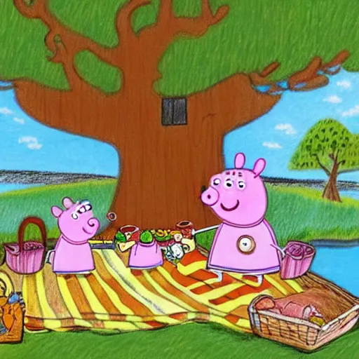 Image similar to Peppa Pig meets the moonmins at last. Peppa Pig and the Moomins eat a picnic in front of the sea. Beautiful drawing