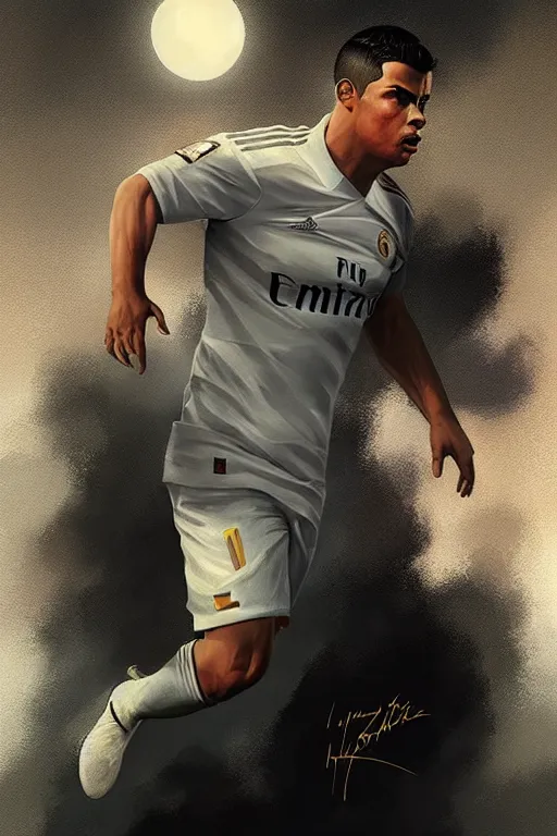 Image similar to ronaldo luis nazario da lima, football player, moonlight, haze, low contrast, digital painting, artstation, concept art, smooth, sharp focus, illustration, art by artgerm and greg rutkowski and alphonse mucha