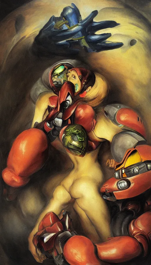 Image similar to samus devouring her metroid child a mural by francisco goya, 4 k, high quality