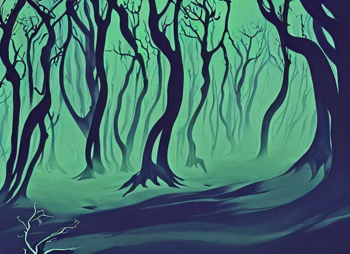Prompt: an illustration of a monster in a blue and green wispy forest by eyvind earle, concept illustration, detailed