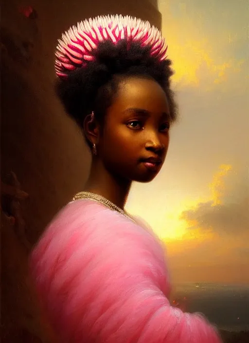 Prompt: stunning african princess, detailed pink and white protea head peace against a black backdrop by ivan aivazovsky, wlop, oil painting, beautiful soft lighting, vintage, rococo, muted colours, artstation