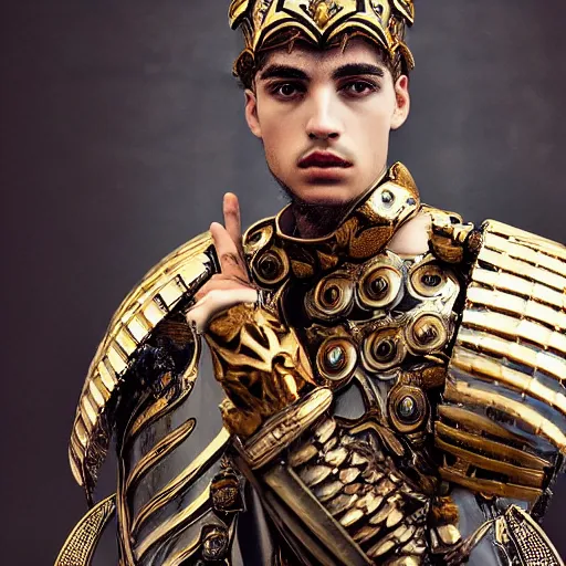 Image similar to a portrait of a beautiful young greek male wearing an alexander mcqueen armor , photographed by andrew thomas huang, artistic