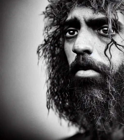 Image similar to Award winning photo of Mauri Natives with incredible hair and hyper-detailed eyes wearing traditional garb by Lee Jeffries, 85mm ND 5, perfect lighting, gelatin silver process