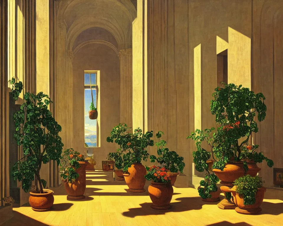 Prompt: an achingly beautiful print of the interior of an ancient art museum with vibrant paintings and classical antiquities on display, and small potted plants by Raphael, Hopper, and Rene Magritte. detailed, romantic, enchanting, trending on artstation.