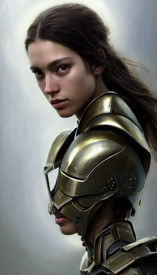 Image similar to a photorealistic painting of an attractive young girl, partially clothed in metal-plated battle armor, olive skin, long dark hair, beautiful bone structure, symmetrical face, perfect eyes, intricate, elegant, digital painting, concept art, illustration, sharp focus, minimal artifacts, volumetric lighting, from Metal Gear, in the style of Ruan Jia and Mandy Jurgens and Greg Rutkowski, trending on Artstation, award winning