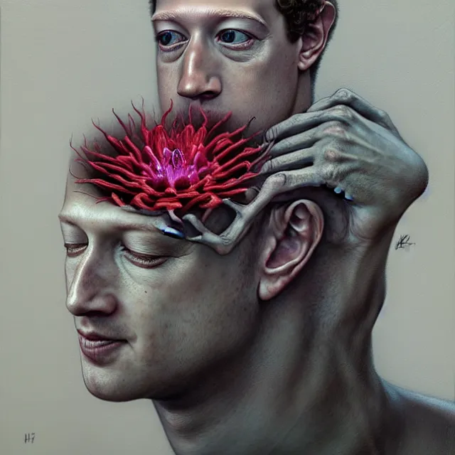 Prompt: mark zuckerberg holding a flower by hr giger and Zdzisław Beksiński, trending on artstation, realistic, detailed, concept art, horror, illustration, oil painting