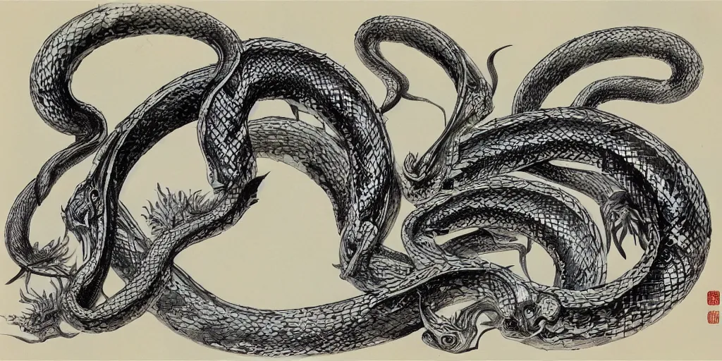 Prompt: a brilliant epic ink sketch of a chinese snake by roger dean in the style of baroque art, very, very aesthetic