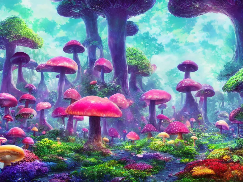 Image similar to a beautiful otherworldly fantasy landscape of giant luminous mushroom trees forming canopies, bright colorful magical mythical sprouted floral plants with pixie dust hovering with them and colorful foliage on the ground, like alice in wonderland, extreme detail, studio ghibli and pixar and abzu, rendering, cryengine, deep color, blue and green and purple bioluminescent