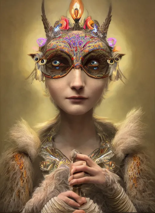 Image similar to an anthropomorphic beautiful goddess female wizard made of owl portrait holding a staff wearing colourful robe, fine art, award winning, intricate, elegant, sharp focus, octane render, hyperrealistic, cinematic lighting, highly detailed, digital painting, 8 k concept art, art by jamie hewlett and z. w. gu, masterpiece, trending on artstation, 8 k