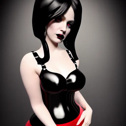 Image similar to a curvy feminine pale goth cutie with a thin waist in an elaborate black-red latex-leather pleated dress, cgsociety, photorealistic, sublime-comforting-elegant ambience, 16k, smooth, sharp focus, trending on ArtStation, volumetric lighting, fully clothed, worksafe