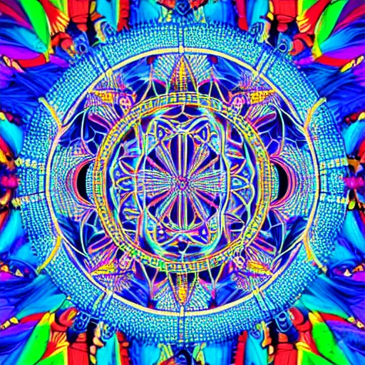 Image similar to 8k psychedelic abstract illustration of a dreamcatcher woven with a sacred geometry mandala