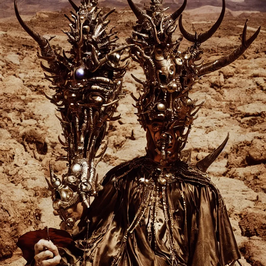 Image similar to portrait of salvador dali wearing a horned crown and costume with jewels in a dry rocky desert landscape, alien spaceship by giger, film still from the movie by alejandro jodorowsky with cinematogrophy of christopher doyle and art direction by hans giger, anamorphic lens, kodakchrome, very detailed photo, 8 k