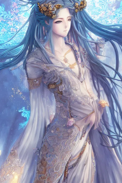 Prompt: breathtaking detailed anime painting of a knight queen with long flowing blue hair, pastel flower petals flying, art by pilyeon, yuumei art, symmetrical facial features, at dawn in front of a pristine golden art nouveau cathedral, elegant, volumetric lighting, highly detailed, artstation, concept art, matte, sharp focus,