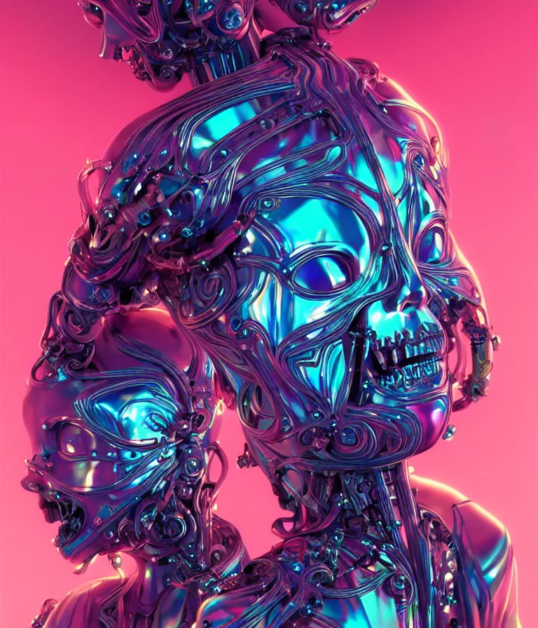 Image similar to fully symmetrical centered iridescent portrait of a beautiful princess demon in robe. skulls artificial muscles, ribcage, bones, hard surface modelling. cyberpunk look. biomechanical mask. bio luminescent biomechanical halo around head. neon jellyfish. artwork by jarold Sng by artgerm, by Eddie Mendoza, by Peter mohrbacher by tooth wu, unreal engine, octane render, cinematic light, high details, iridescent colors, dichroic, macro, depth of field, blur