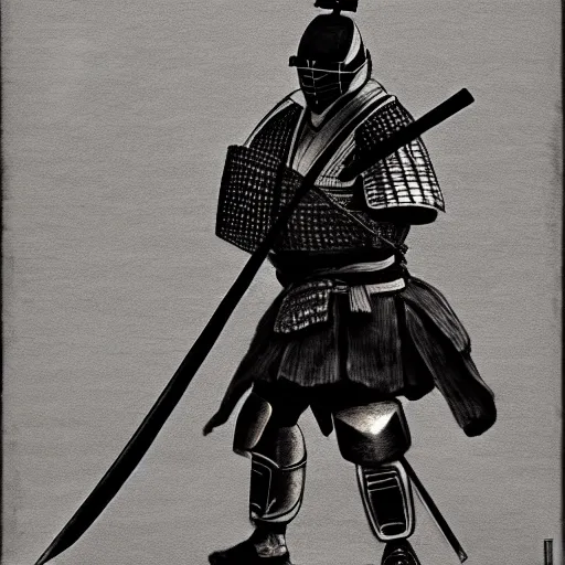 Image similar to A samurai in bulky armor wielding an eight foot long katana, charcoal, pastel, desaturated, surreal, realistic, feudal japan