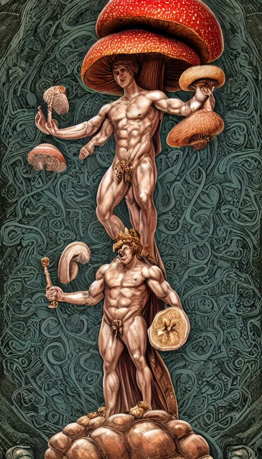 Image similar to a masterpiece hyperdetailed dnd tarot card, magnificent mushroom deity as depicted in a colossal greek marble statue ( with godlike perfect bodybuilder physique ), hd tarot card depicting monumental statue of a noble mushroom god with cute large mushroom hat, hdr, 8 k, artstationhq, digital art