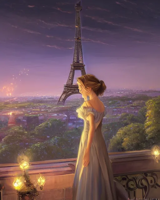 Image similar to over the shoulder landscape painting of violet evergarden, behind are distant lights from paris, eiffel tower, next to the reflecting ocean, nighttime, by vladimir volegov and Philipp A. Urlich and Pengzhen Zhang and Andreas Rocha, fantasy, intricate, elegant, highly detailed, digital painting, artstation, blender, unreal engine 5, octane render, smooth, sharp focus, illustration