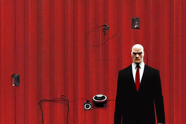 Image similar to an expressive portrait of agent 4 7 from hitman wearing headphones standing in front of a wall of vinyl records, speakers and cables, dark background, red rim light, digital art, artstation, concept art by giger stalenhag