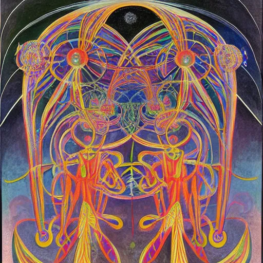 Prompt: interdimensional machine elves, painted by alex grey and hilma af klint and andrew wyeth