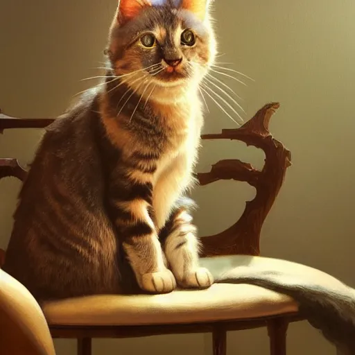 Image similar to cat sitting in a chair, painting, by greg rutkowski and igor kieryluk, photo realistic, dynamic lighting, artstation, poster, volumetric lighting, very detailed face, 8 k, award winning