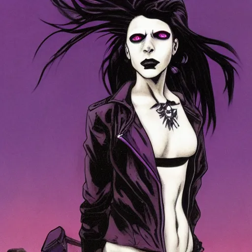 Prompt: A portrait of the character, Death, a young Goth girl wearing a black vest, Vertigo Comics, The Sandman written by Neil Gaiman, against a stormy purple sky