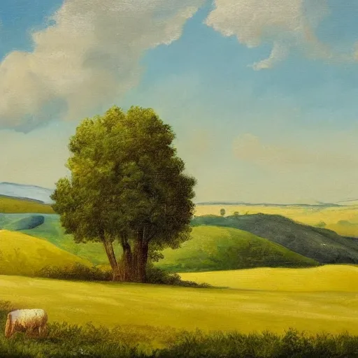 Image similar to A painting of a landscape, with rolling hills, green fields, and a blue sky, in a pastoral style.