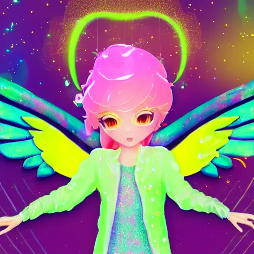 Prompt: angel in disguise, slimy slime drenched skinny divine holy androgynous being of glitter glue, pastel cute slime, 3 d polygon ui of neon ornamental rococo frames, maximalist decora sanrio pixiv pixar concept art