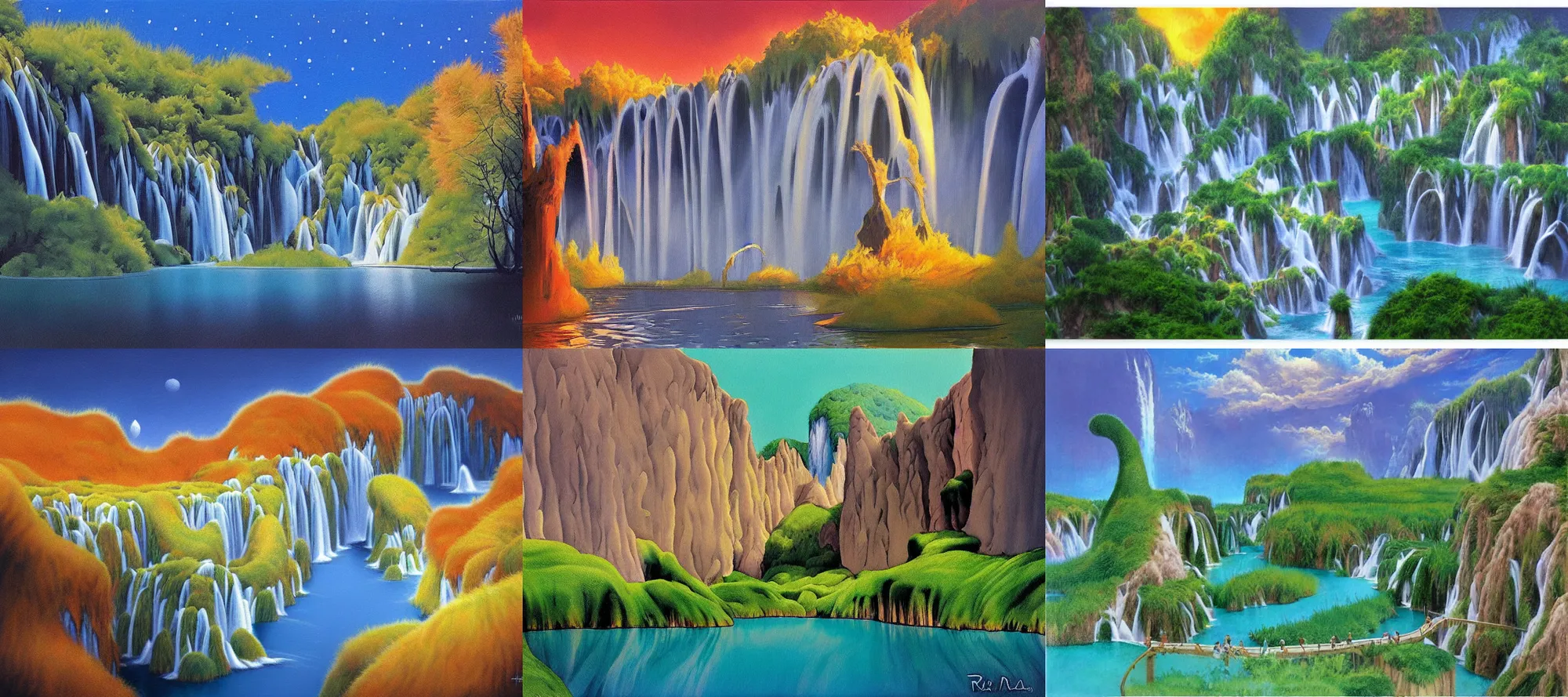 Prompt: Plitvice landscape in the style of Dr. Seuss, starships, painting by Ralph McQuarrie