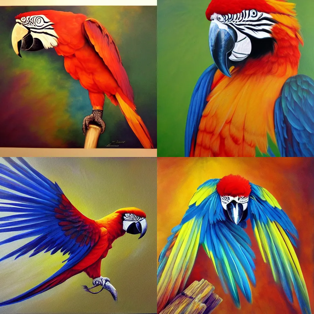 Prompt: a beautiful realistic painting of a macaw spreading its wings and soaring to the sky, symetrical wings, trending on deviant art
