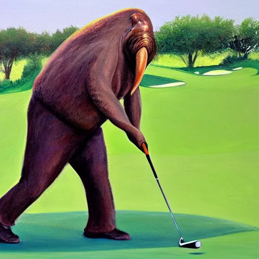 Image similar to oil painting of a bipedal walrus playing golf,