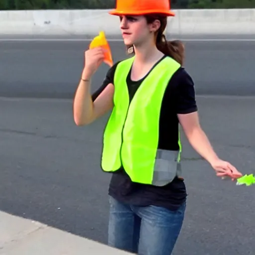 Image similar to emma watson in a hi vis vest picking up trash on the side of the interstate. paparazzi photo,