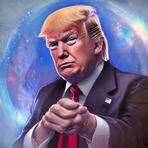 Image similar to Three quarters portrait of Donald Trump as a Wizard casting a spell, highly detailed, digital painting, art by Stanley Lau and Artgerm and magali villeneuve and Alphonse Mucha, artstation, octane render, cgsociety