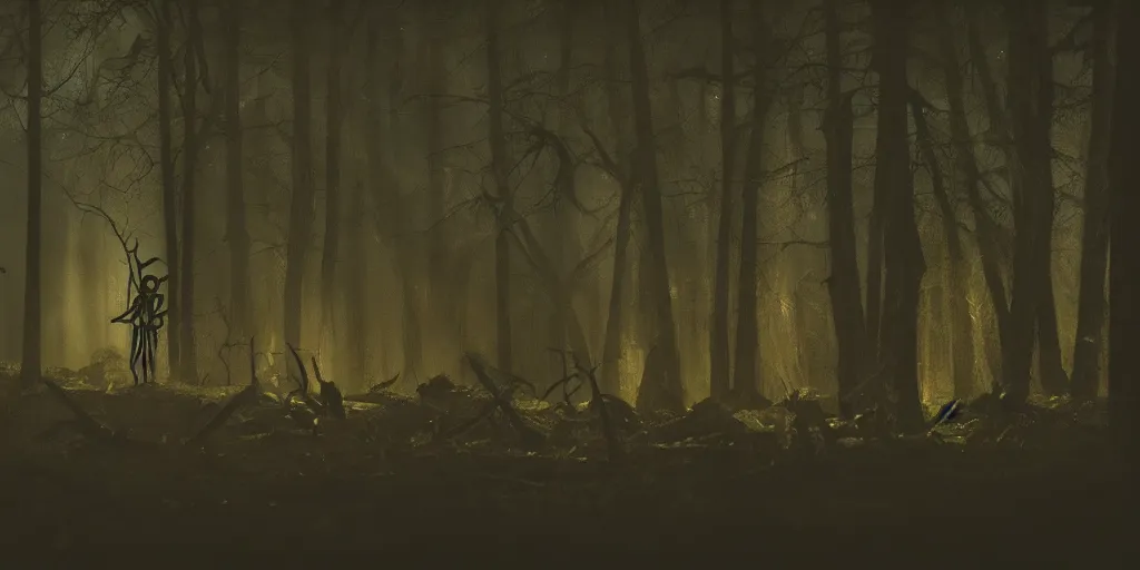 Prompt: amateur home video of skeletons running through a dimly lit dark forest at night with, photorealistic amateur photography