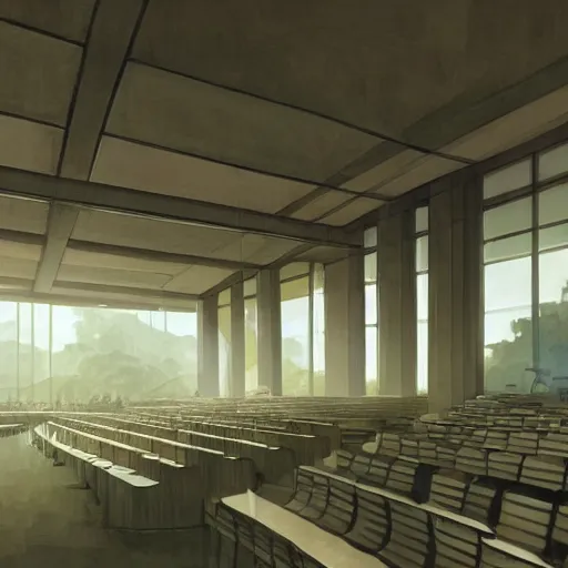 Image similar to concept art of the auditorium of a singaporean school, it is evening and light slants in through the windows, art by greg rutkowski