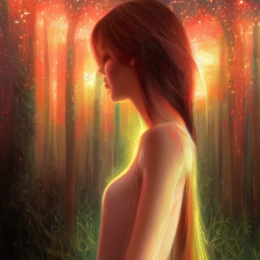 Prompt: Whimsical beautiful painting of a girl facing away, looking towards a glowing forest full of fireflies, cgsociety, trending on artstation