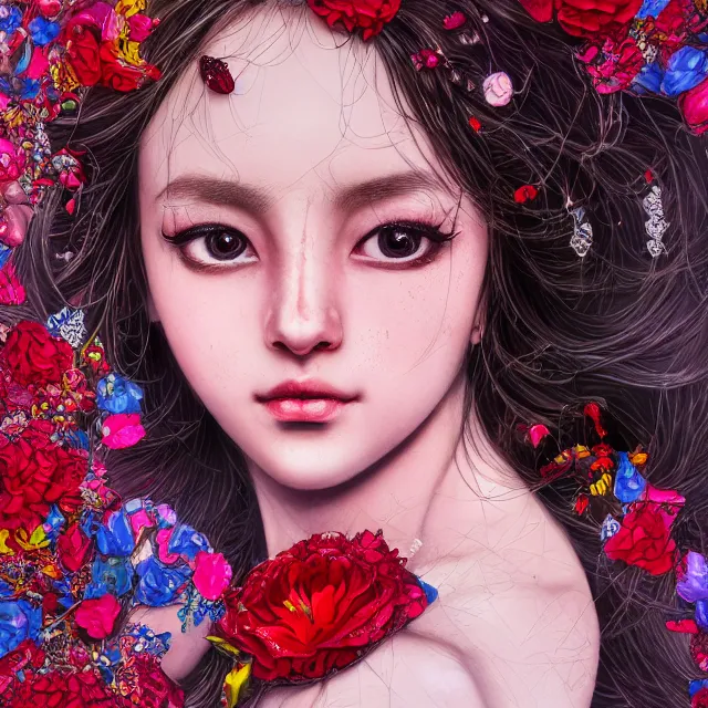 Image similar to studio portrait absurdly beautiful, elegant, graceful, young hypercolorful contrast sensual gravure idol rubies red petals gems, ultrafine hyperrealistic detailed face illustration by kim jung gi, irakli nadar, intricate linework, sharp focus, bright colors, matte, octopath traveler, final fantasy, unreal engine highly rendered, global illumination, radiant light, intricate environment