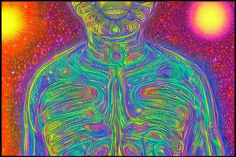 Image similar to digital art of a spiritual man looking up at the stars, glowing light, acrylic art, universe, painting, pastel colors, alex grey,