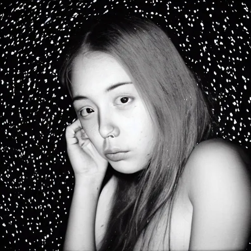 Image similar to beautiful young woman with micron pen ink face tattoos stares at the camera, night sky, stars in background, bruce gilden, leica s, fuji 8 0 0, grainy, low light