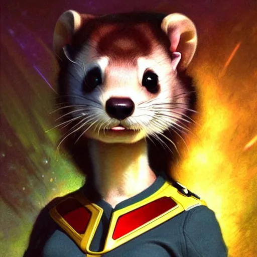 Image similar to a portrait of a female ferret in starfleet uniform at night in a dark forest. zootopia fursona furaffinity furry art detailed face painting by gaston bussiere craig mullins jc leyendecker gustav klimt artgerm greg rutkowski furry