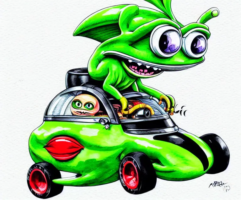 Prompt: cute and funny, pepe wearing a helmet riding in a tiny hot rod tesla with oversized engine, ratfink style by ed roth, centered award winning watercolor pen illustration, isometric illustration by chihiro iwasaki, edited by range murata, details by artgerm