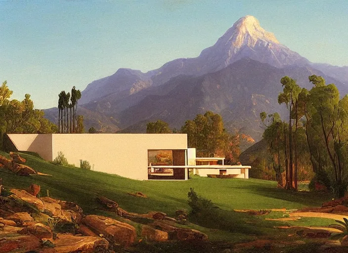 Image similar to painting of a john lautner house in front of beautiful mountains by thomas cole