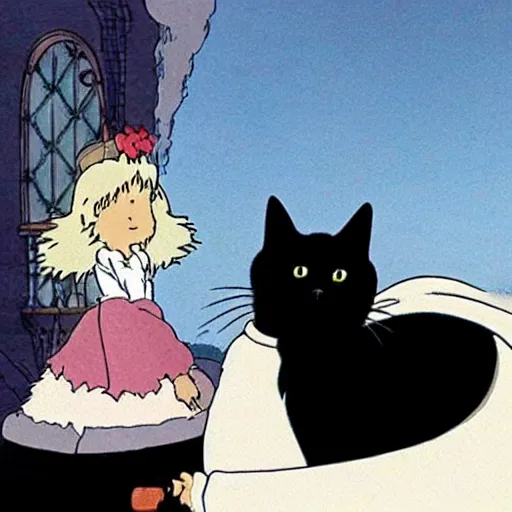 Image similar to a black cat wearing a white wedding dress, Miyazaki, studio ghibli