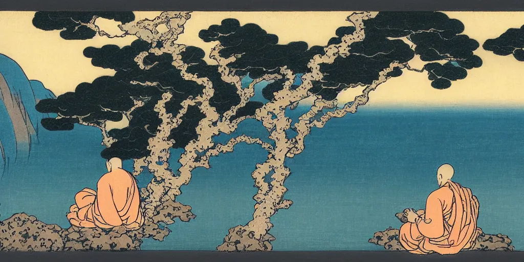 Image similar to a monk sits alone on the cliff ledge in the lotus position looking out onto a vast ocean, by Katsushika Hokusai