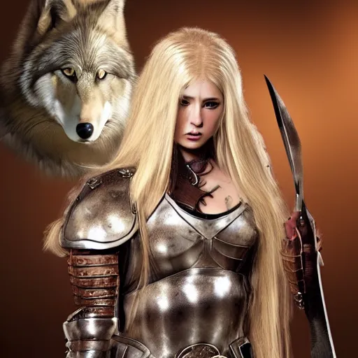 Prompt: beautiful blonde warrior girl with leather armor and wolf pelts, wolf heads, aggressive look, full body, photorealistic, soft lighting