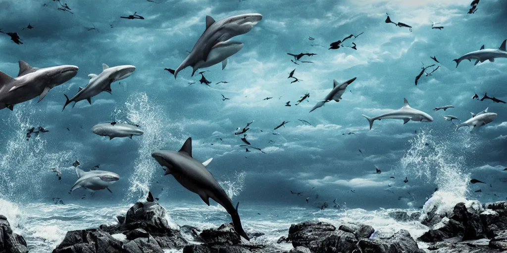 Prompt: hundred sharks seen from a rocky shore, waves, blood in the water, cinematic light