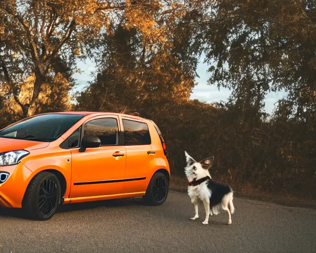 Prompt: border collie dog driving an orange nissan note, dog driving car, rally driving photo, award winning photo, golden hour, perfect composition